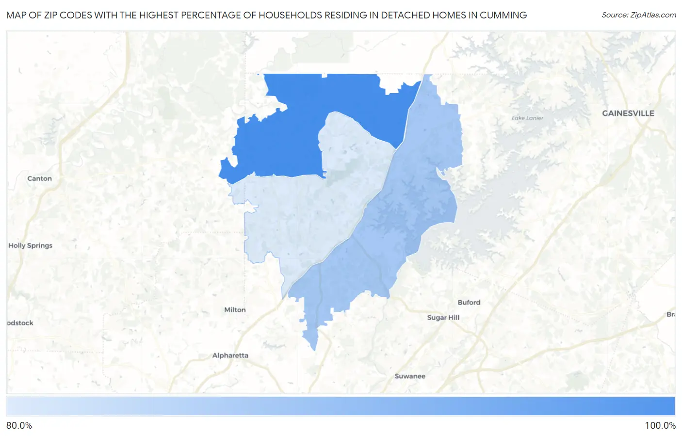 Zip Codes with the Highest Percentage of Households Residing in Detached Homes in Cumming Map