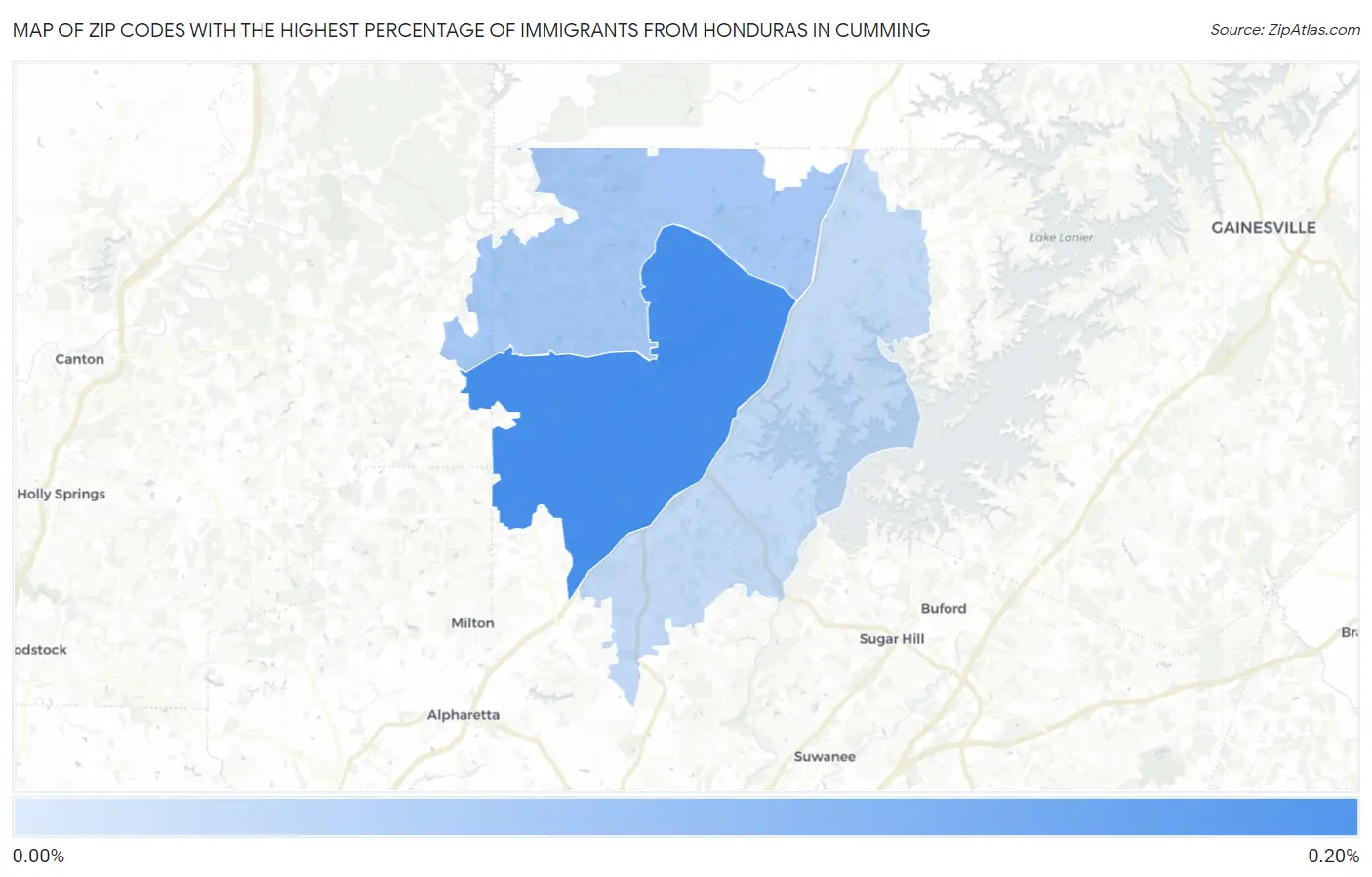 Zip Codes with the Highest Percentage of Immigrants from Honduras in Cumming Map