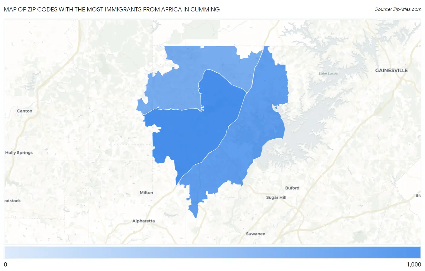 Zip Codes with the Most Immigrants from Africa in Cumming Map