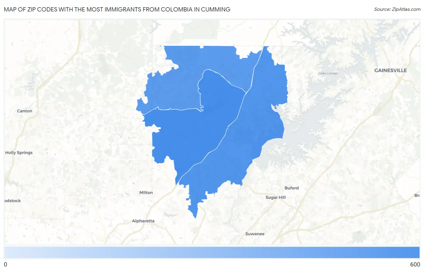 Zip Codes with the Most Immigrants from Colombia in Cumming Map