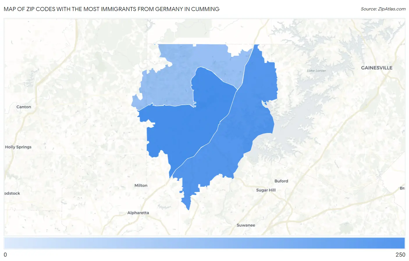 Zip Codes with the Most Immigrants from Germany in Cumming Map