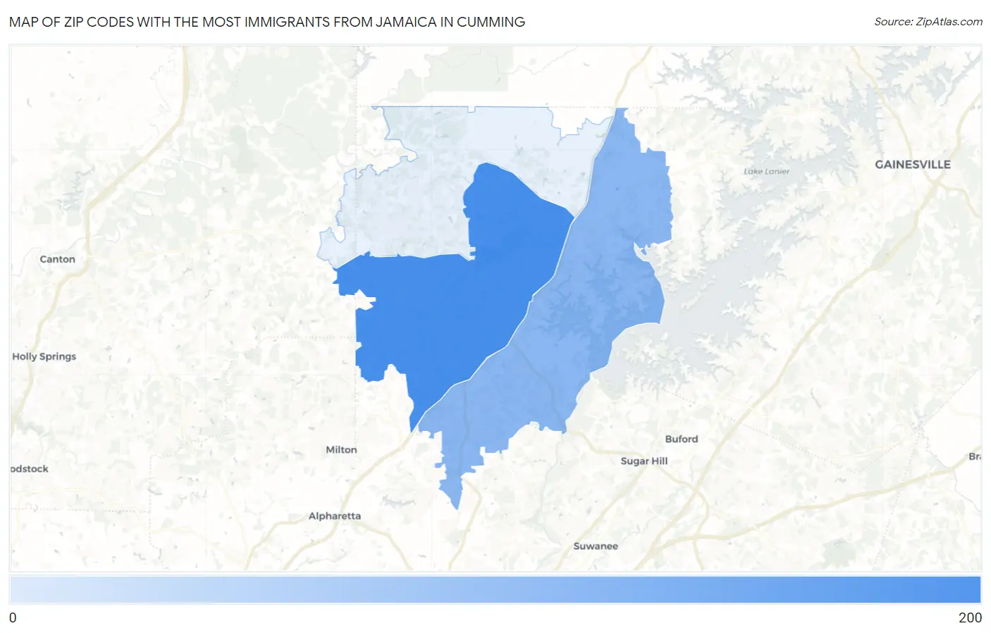 Zip Codes with the Most Immigrants from Jamaica in Cumming Map