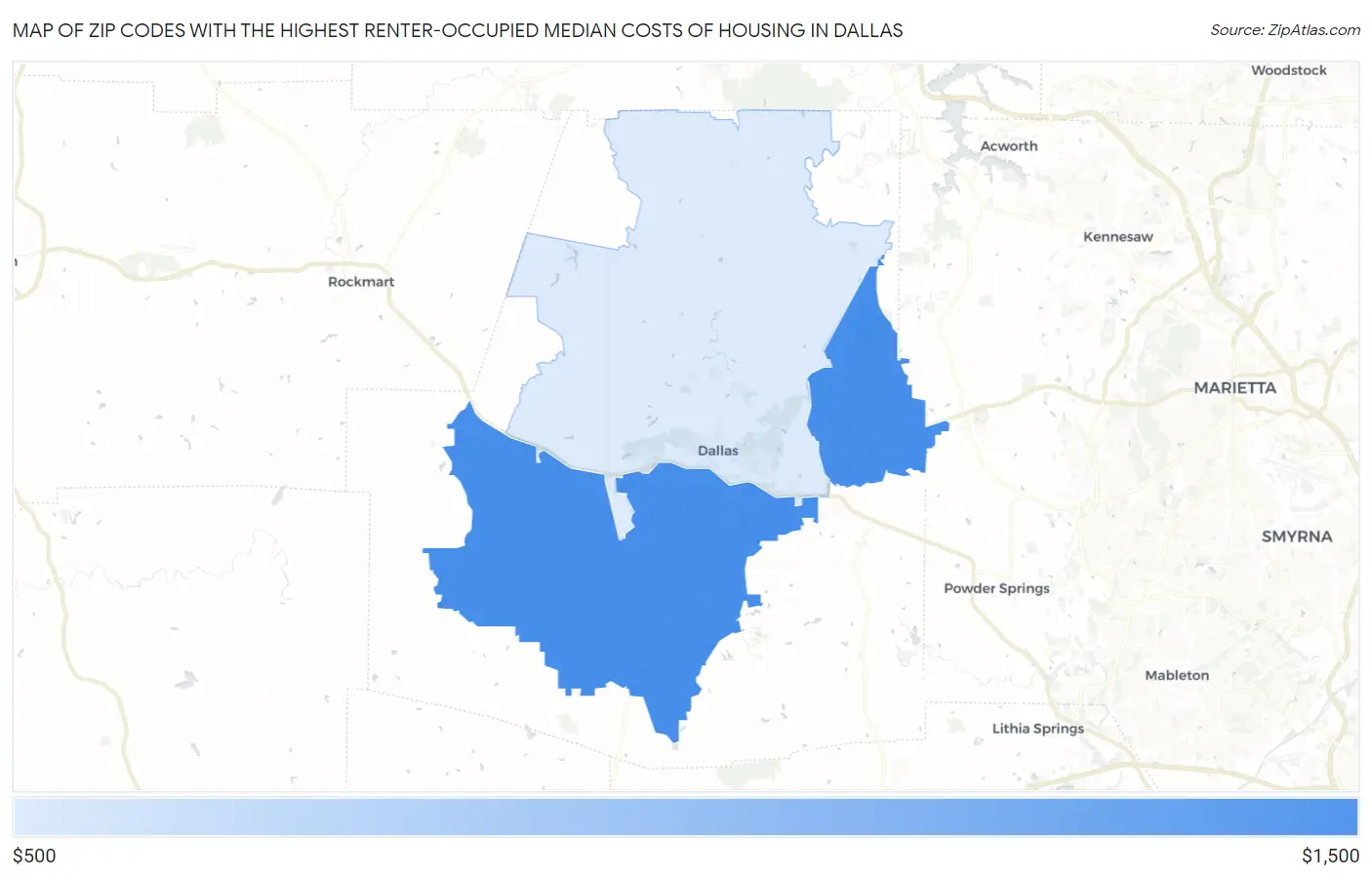 Zip Codes with the Highest Renter-Occupied Median Costs of Housing in Dallas Map