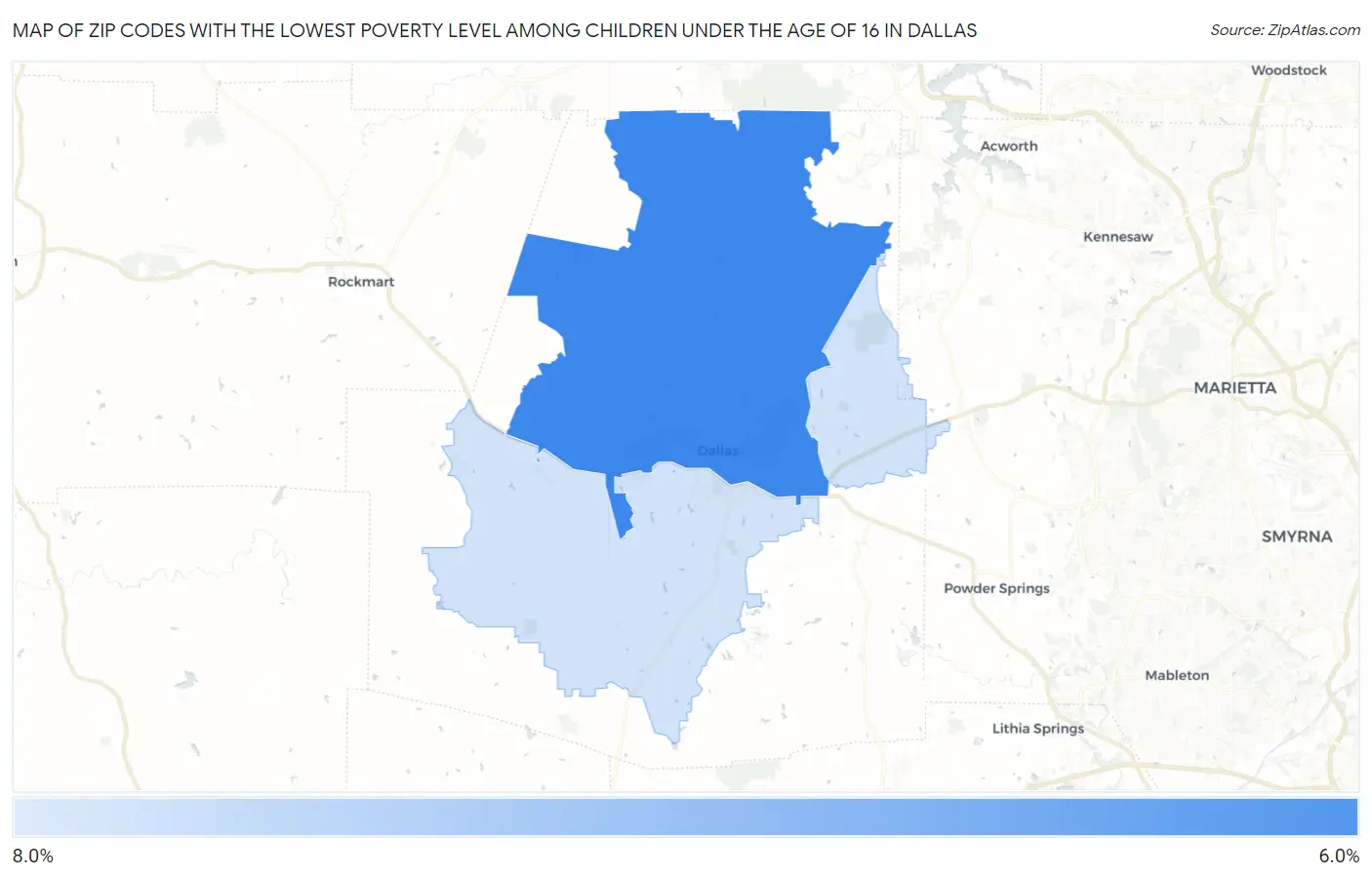 Zip Codes with the Lowest Poverty Level Among Children Under the Age of 16 in Dallas Map