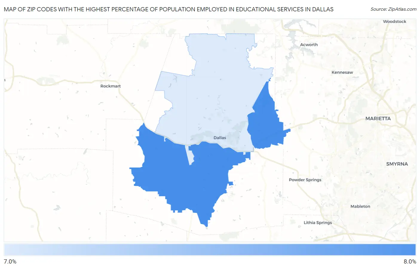 Zip Codes with the Highest Percentage of Population Employed in Educational Services in Dallas Map