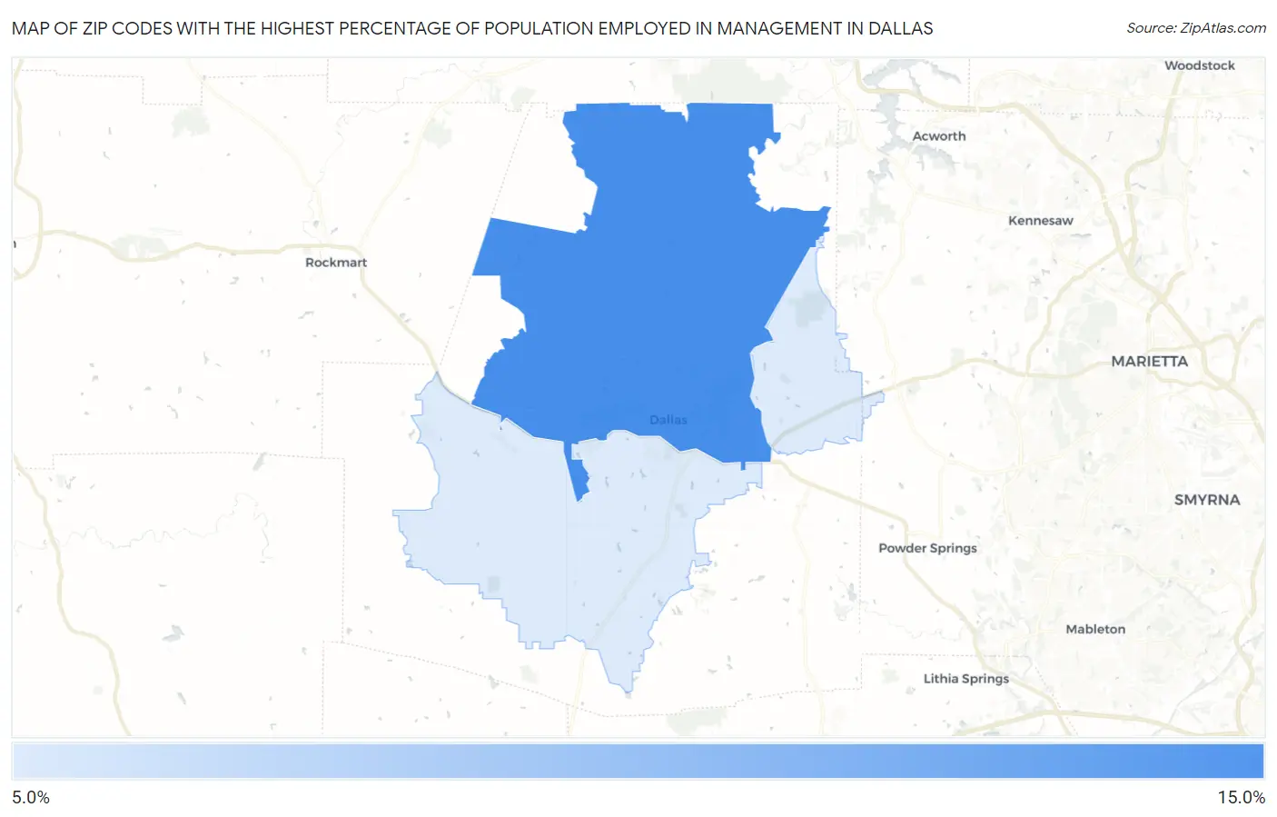 Zip Codes with the Highest Percentage of Population Employed in Management in Dallas Map