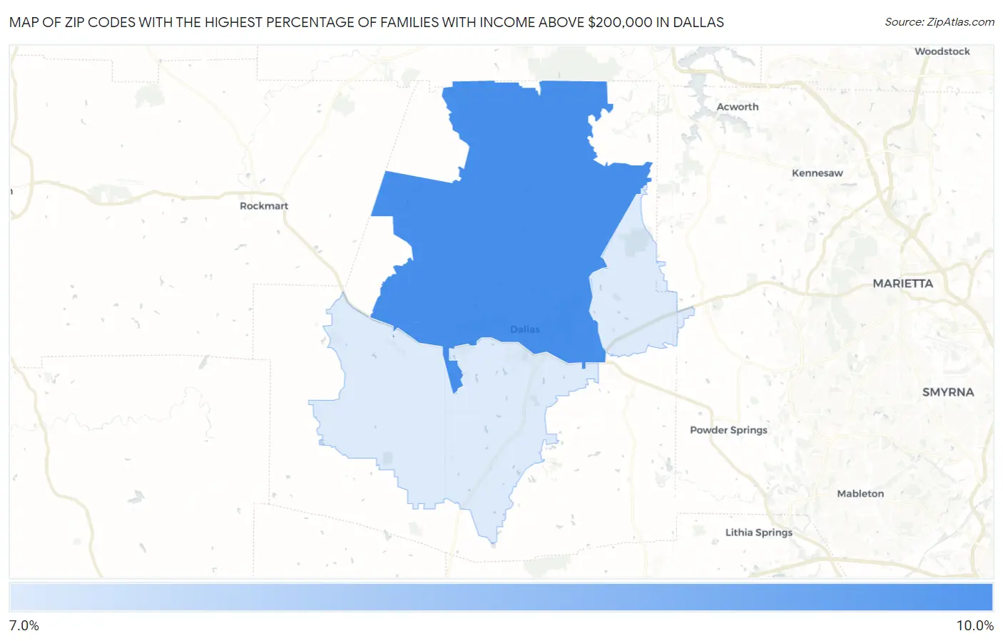Zip Codes with the Highest Percentage of Families with Income Above $200,000 in Dallas Map