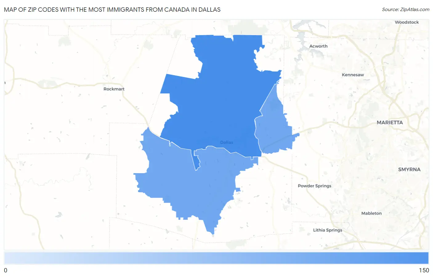 Zip Codes with the Most Immigrants from Canada in Dallas Map