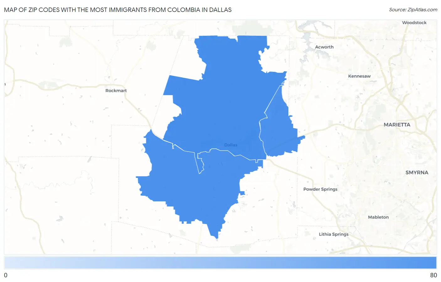 Zip Codes with the Most Immigrants from Colombia in Dallas Map