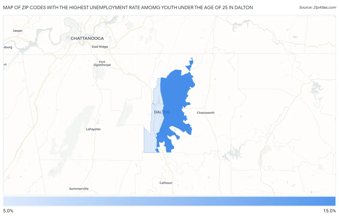 Zip Codes with the Highest Unemployment Rate Amomg Youth Under the Age of 25 in Dalton Map