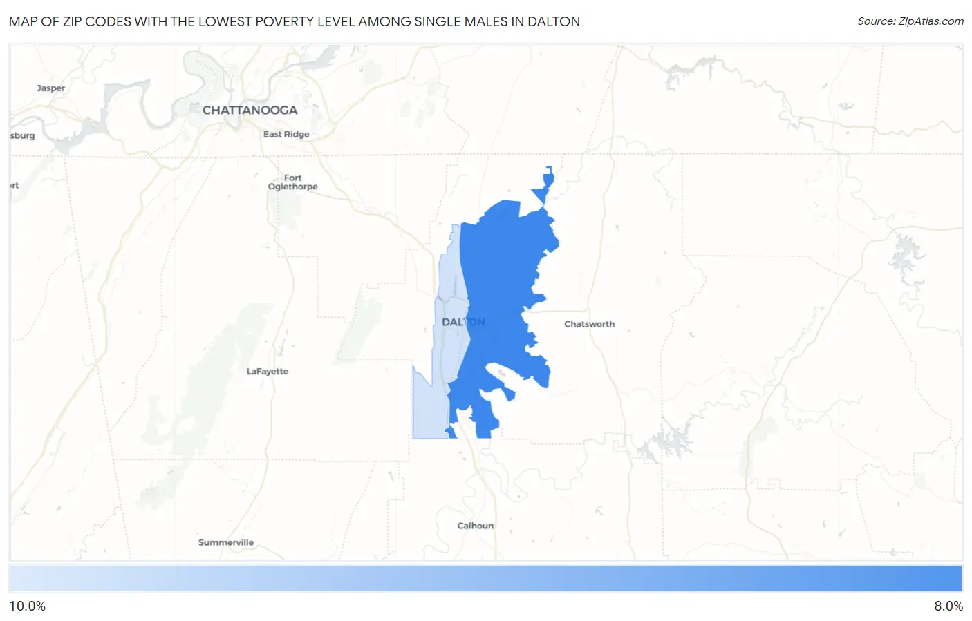 Zip Codes with the Lowest Poverty Level Among Single Males in Dalton Map