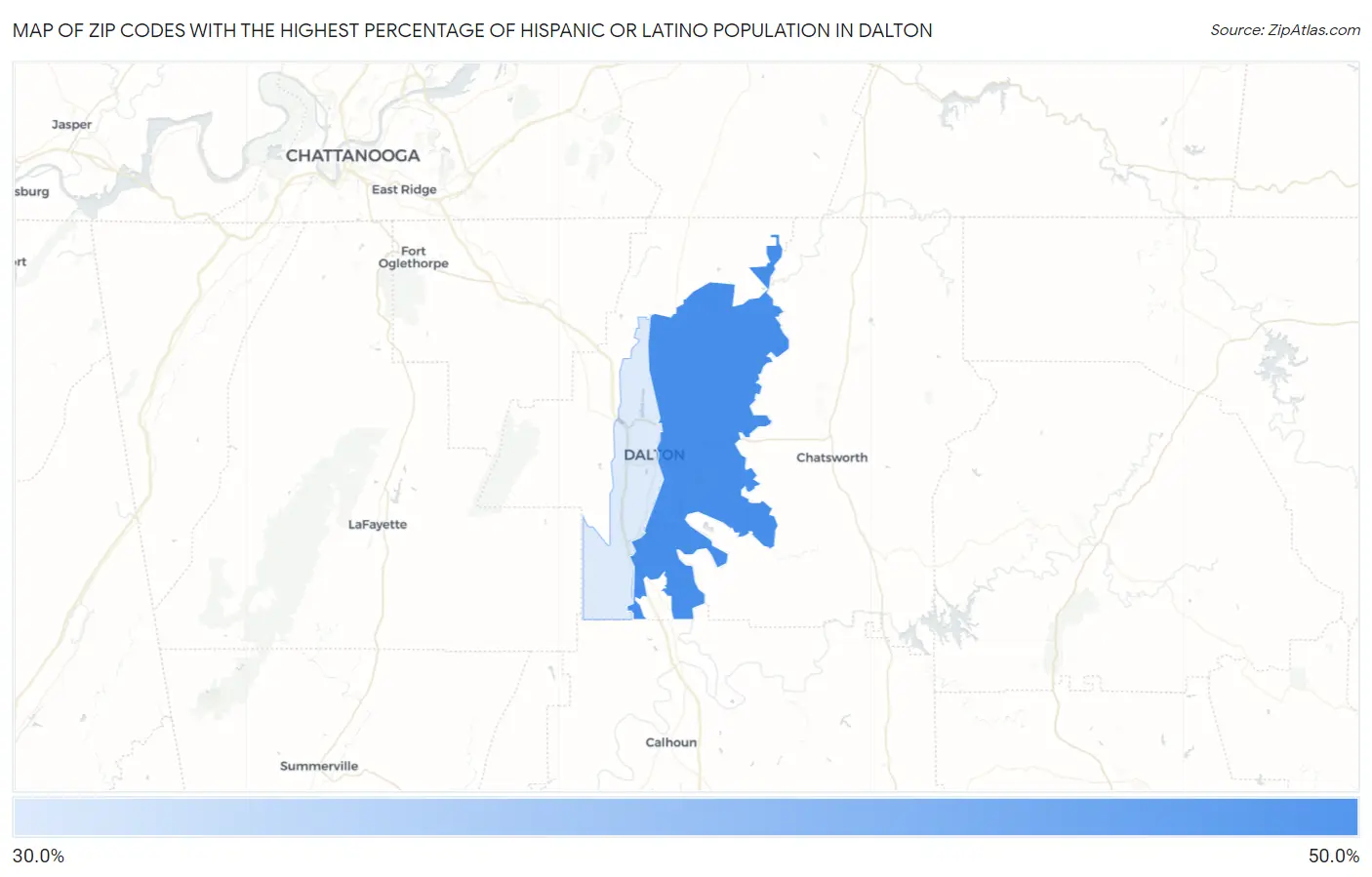 Zip Codes with the Highest Percentage of Hispanic or Latino Population in Dalton Map