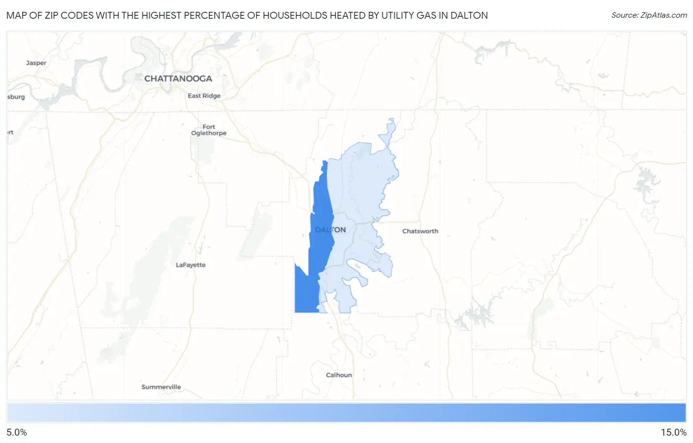 Zip Codes with the Highest Percentage of Households Heated by Utility Gas in Dalton Map