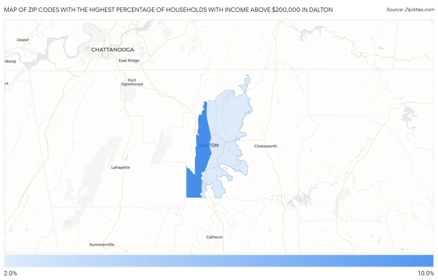 Zip Codes with the Highest Percentage of Households with Income Above $200,000 in Dalton Map