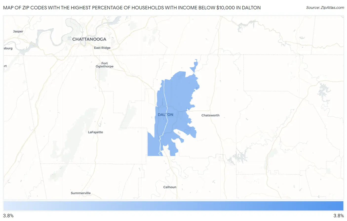 Zip Codes with the Highest Percentage of Households with Income Below $10,000 in Dalton Map