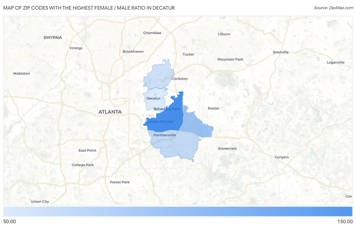 Zip Codes with the Highest Female / Male Ratio in Decatur Map