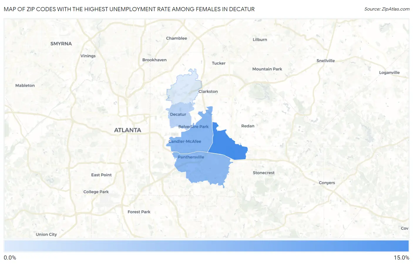 Zip Codes with the Highest Unemployment Rate Among Females in Decatur Map