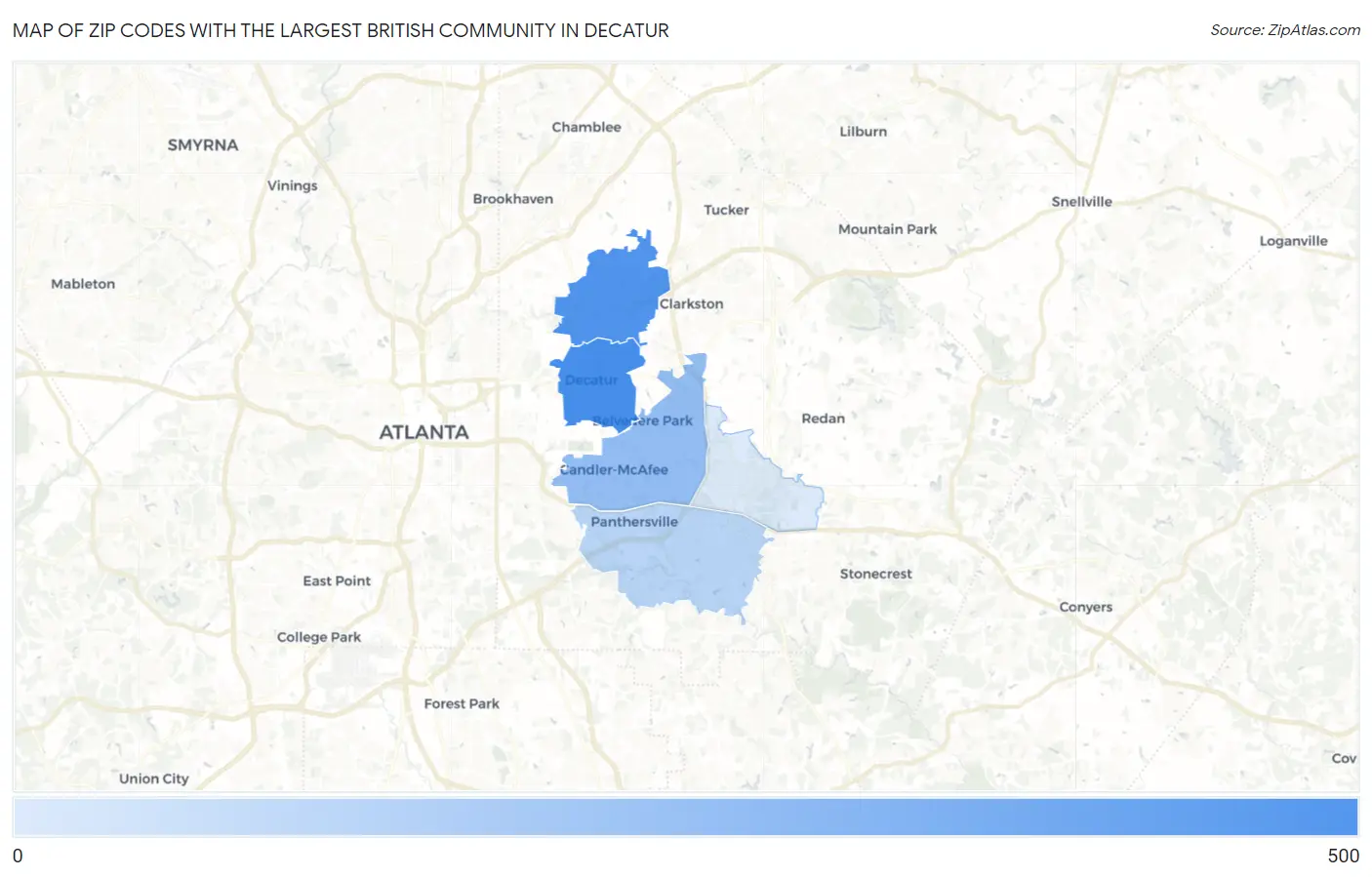 Zip Codes with the Largest British Community in Decatur Map