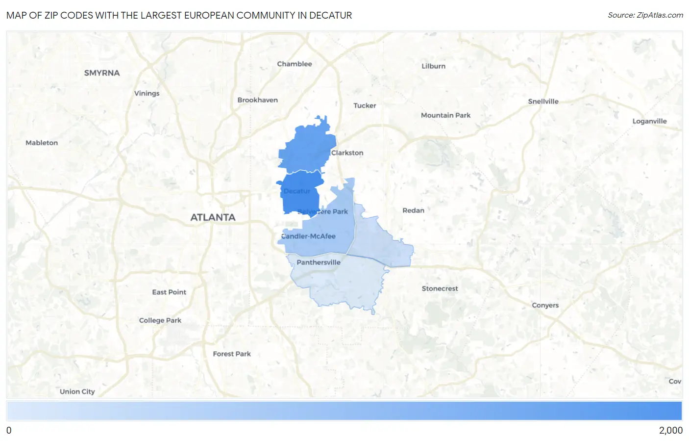 Zip Codes with the Largest European Community in Decatur Map