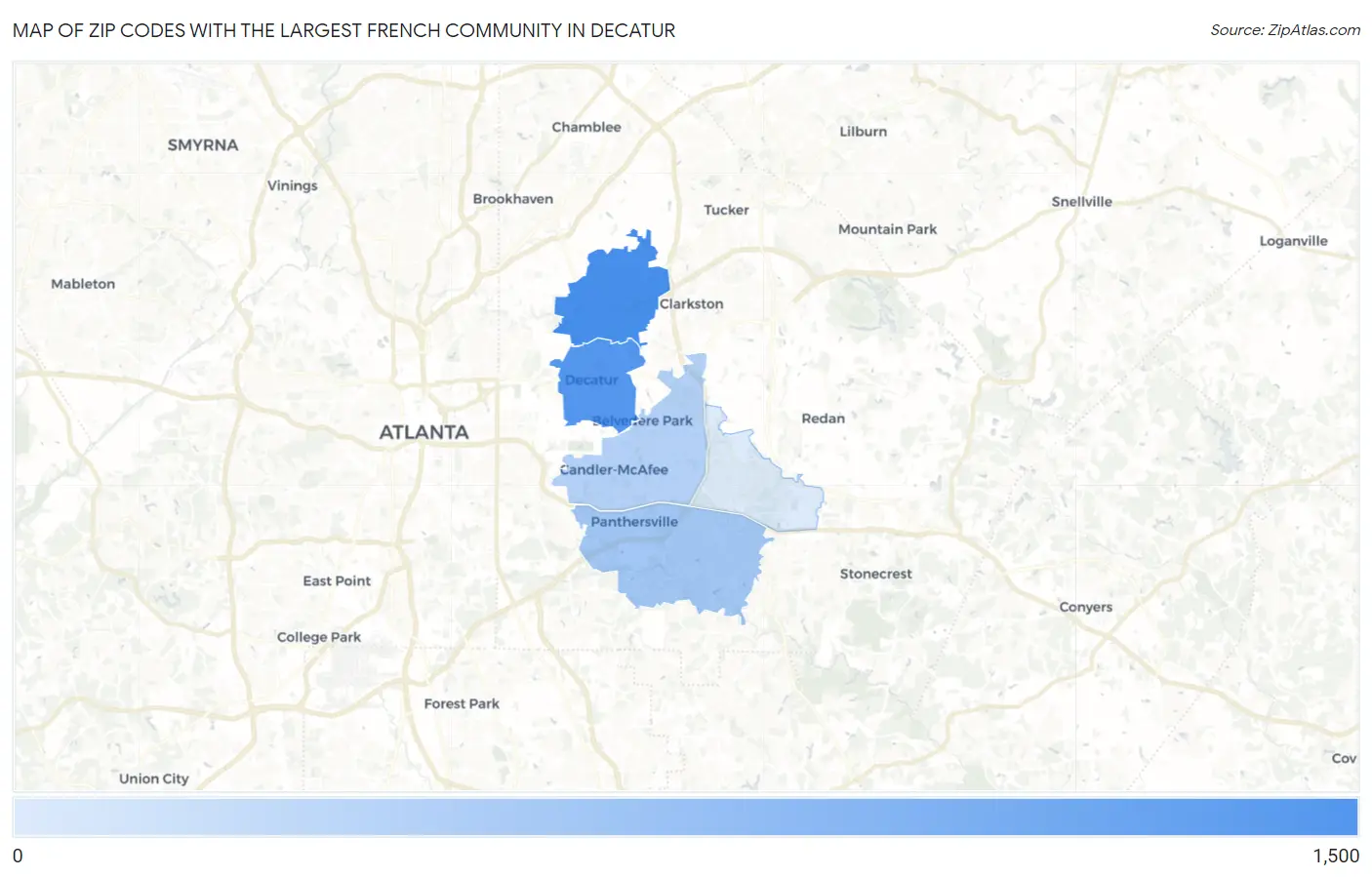 Zip Codes with the Largest French Community in Decatur Map