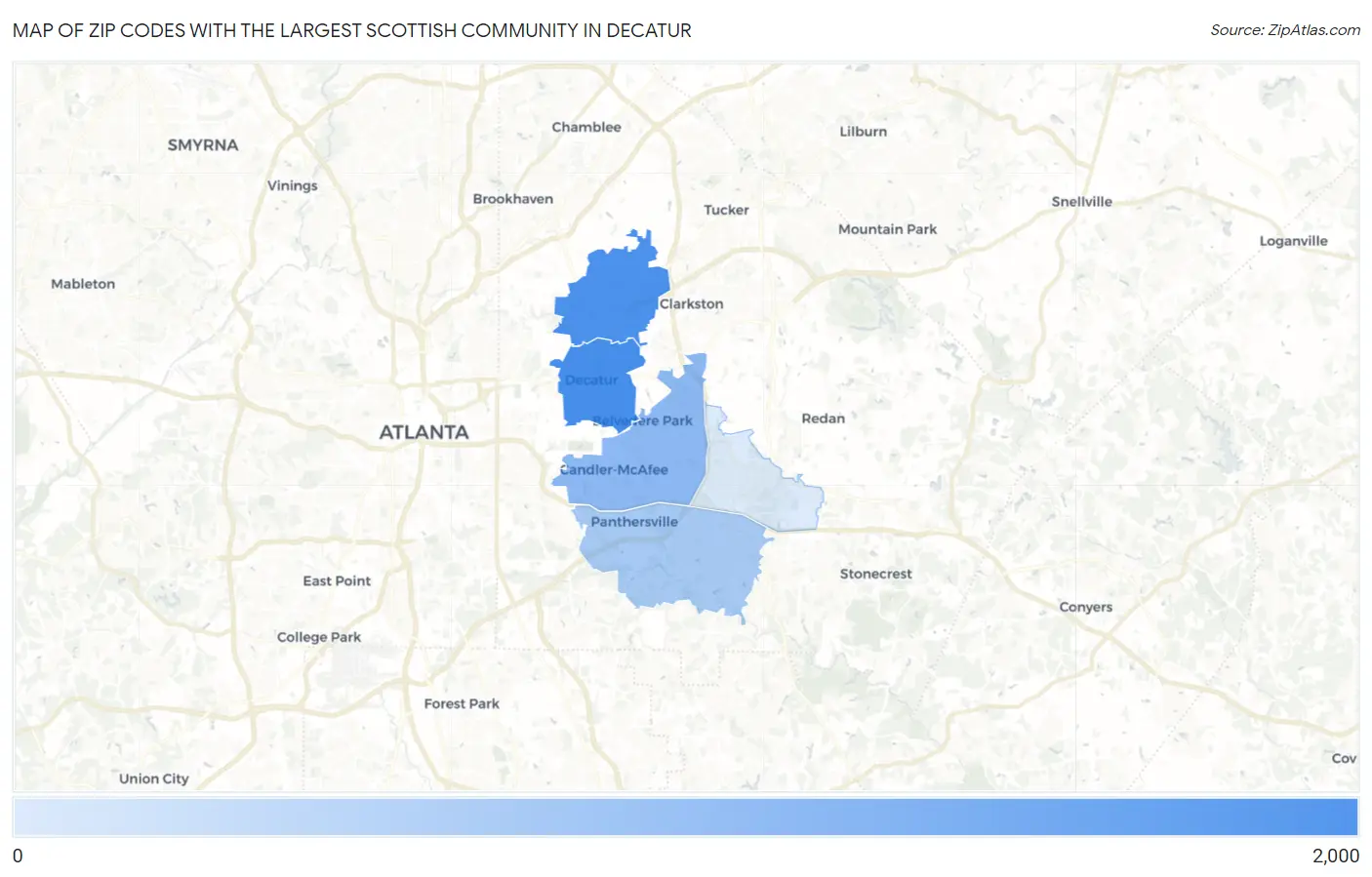 Zip Codes with the Largest Scottish Community in Decatur Map