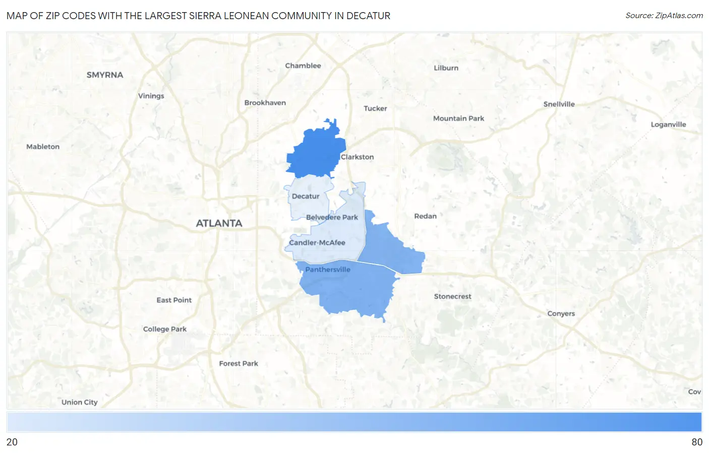 Zip Codes with the Largest Sierra Leonean Community in Decatur Map