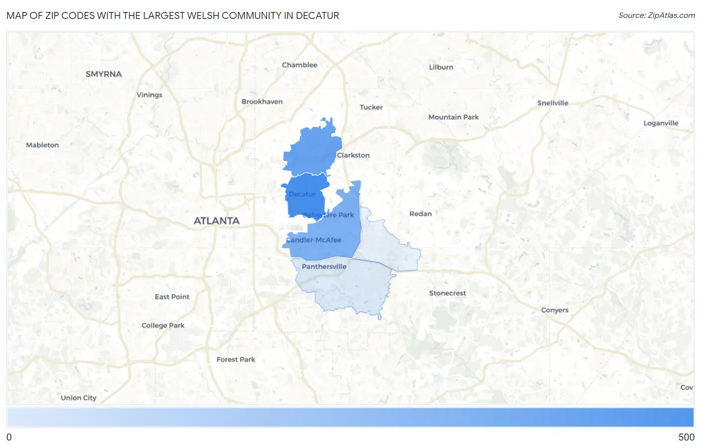 Zip Codes with the Largest Welsh Community in Decatur Map