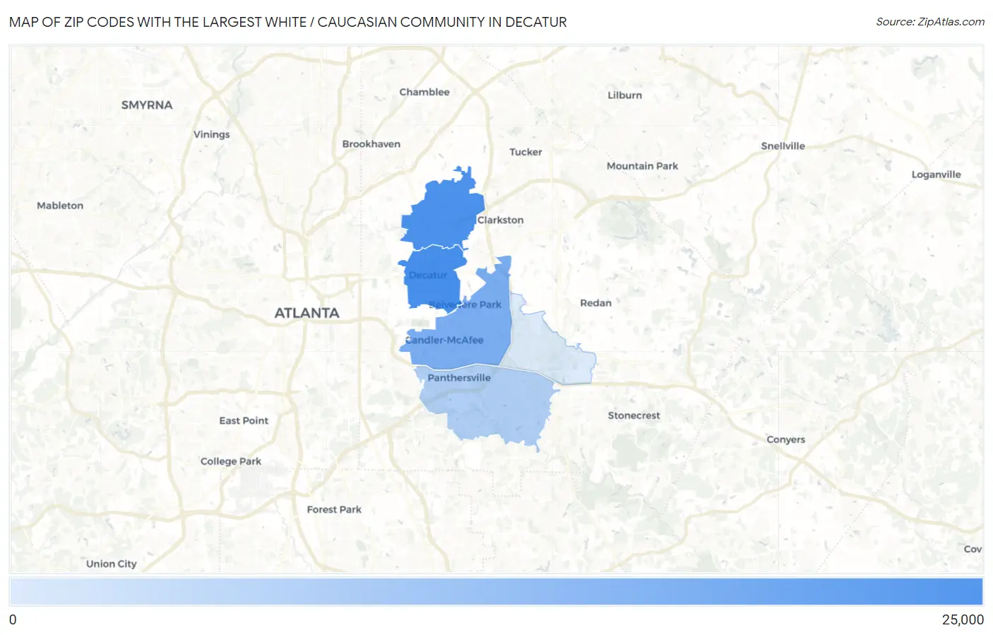 Zip Codes with the Largest White / Caucasian Community in Decatur Map