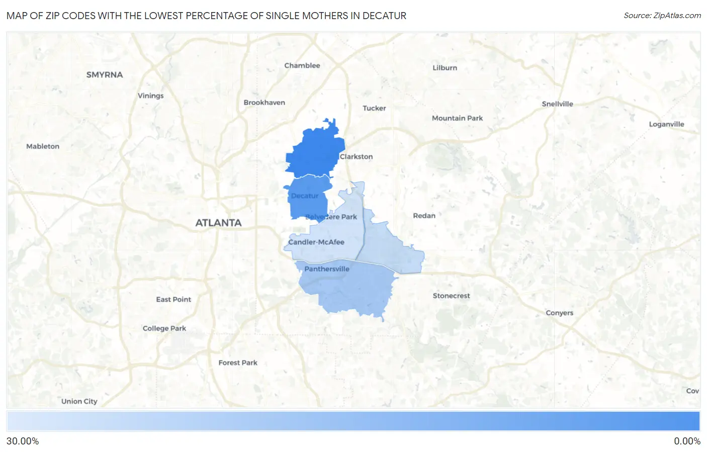 Zip Codes with the Lowest Percentage of Single Mothers in Decatur Map