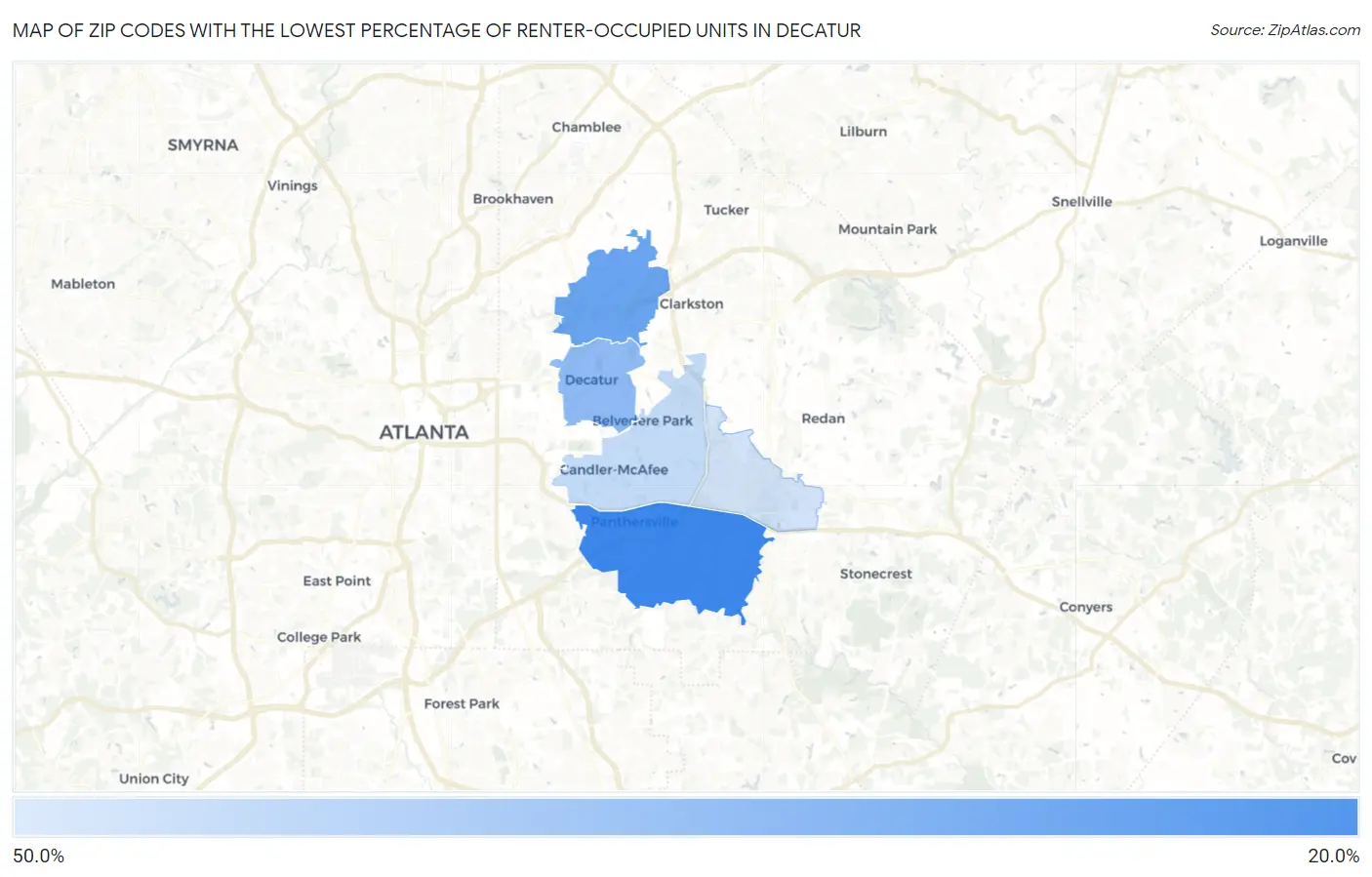 Zip Codes with the Lowest Percentage of Renter-Occupied Units in Decatur Map