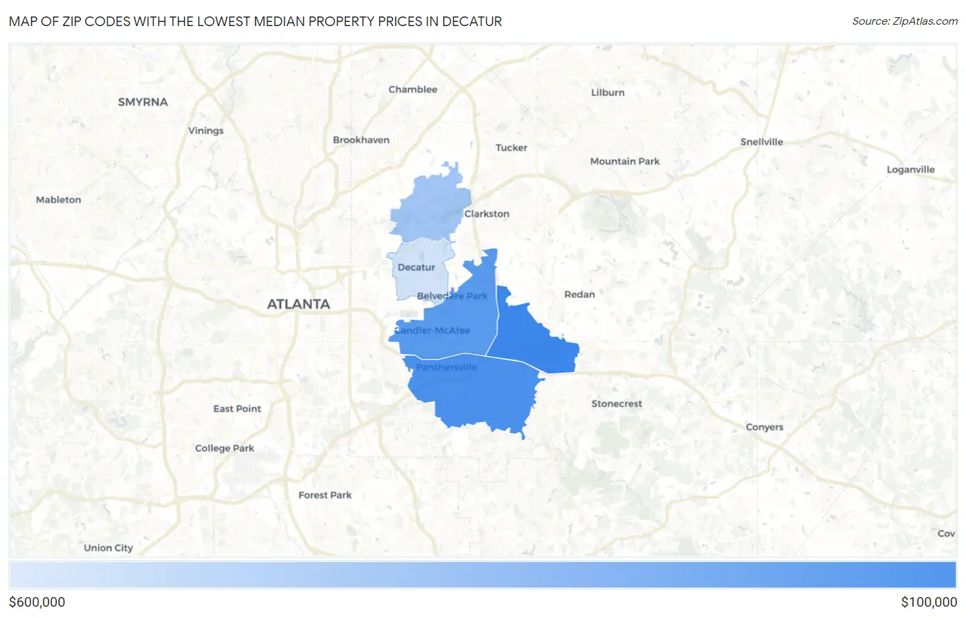 Zip Codes with the Lowest Median Property Prices in Decatur Map