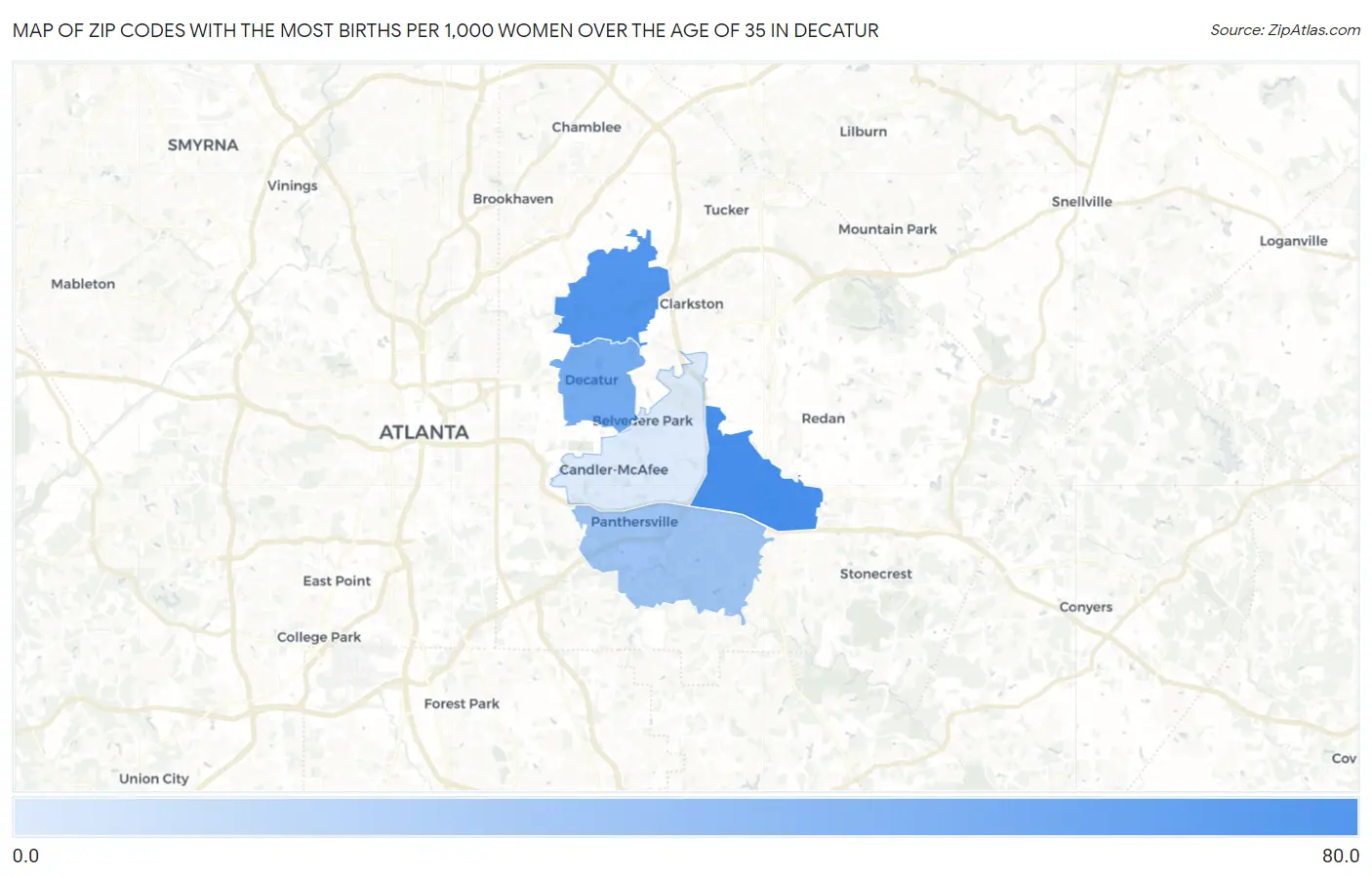 Zip Codes with the Most Births per 1,000 Women Over the Age of 35 in Decatur Map