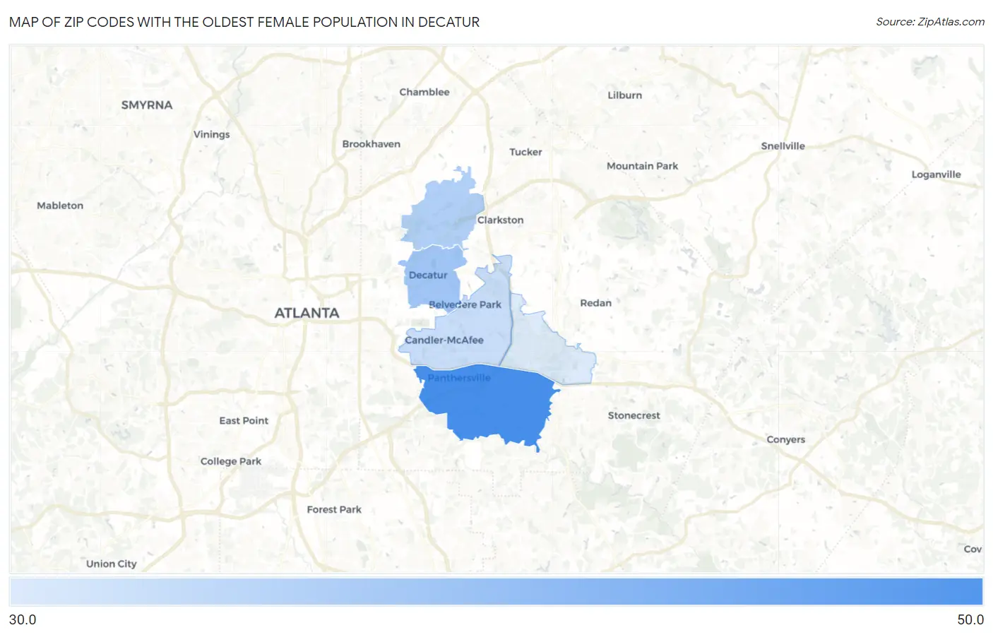 Zip Codes with the Oldest Female Population in Decatur Map