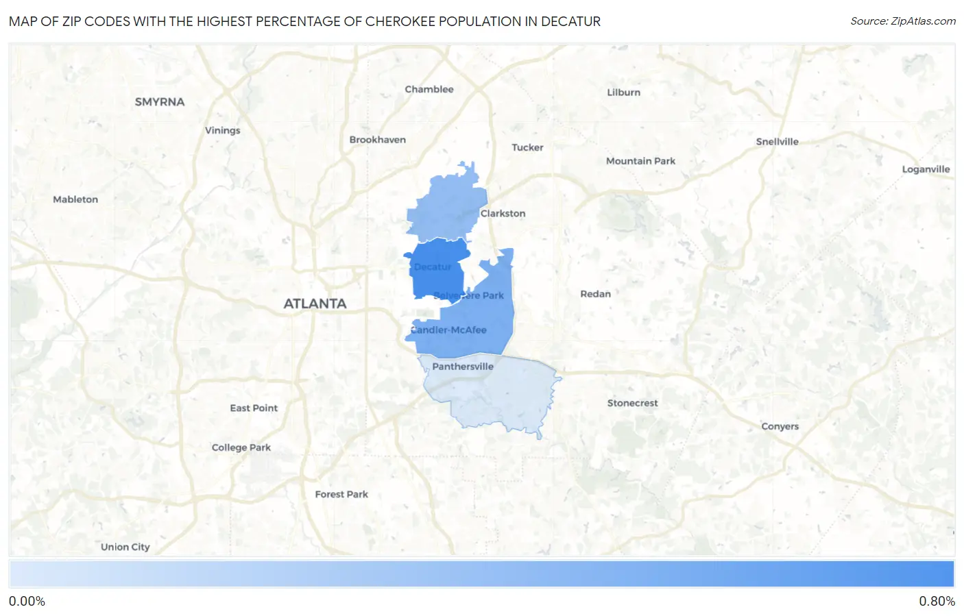 Zip Codes with the Highest Percentage of Cherokee Population in Decatur Map