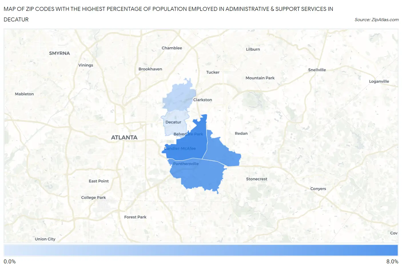 Zip Codes with the Highest Percentage of Population Employed in Administrative & Support Services in Decatur Map