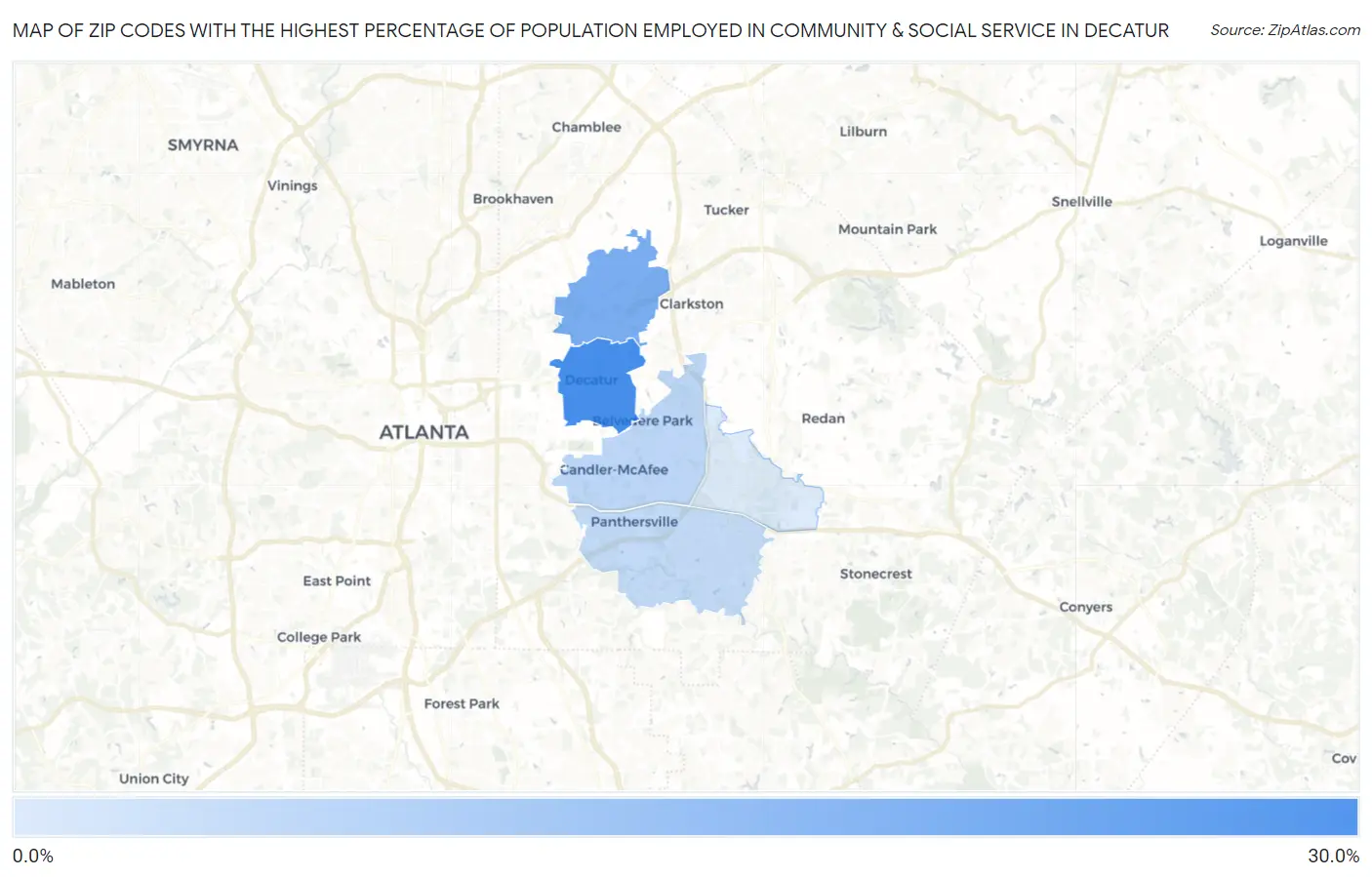 Zip Codes with the Highest Percentage of Population Employed in Community & Social Service  in Decatur Map