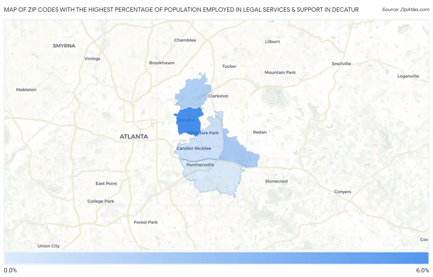 Zip Codes with the Highest Percentage of Population Employed in Legal Services & Support in Decatur Map