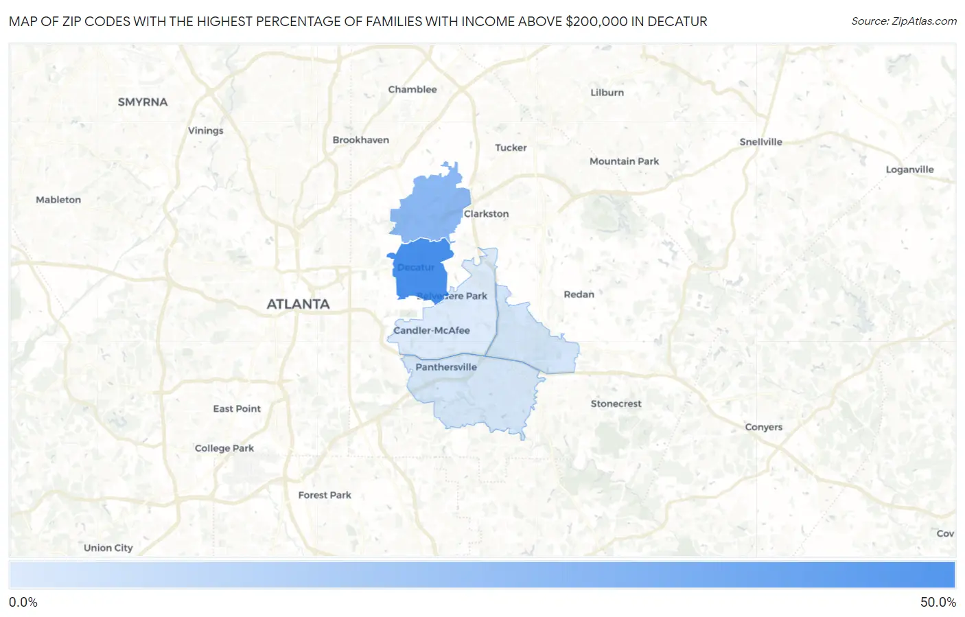 Zip Codes with the Highest Percentage of Families with Income Above $200,000 in Decatur Map