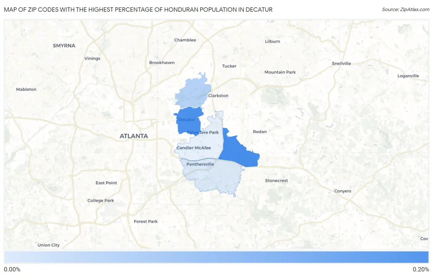 Zip Codes with the Highest Percentage of Honduran Population in Decatur Map