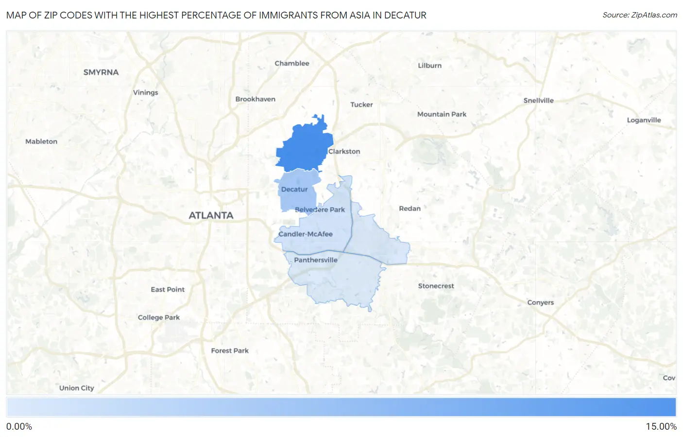 Zip Codes with the Highest Percentage of Immigrants from Asia in Decatur Map