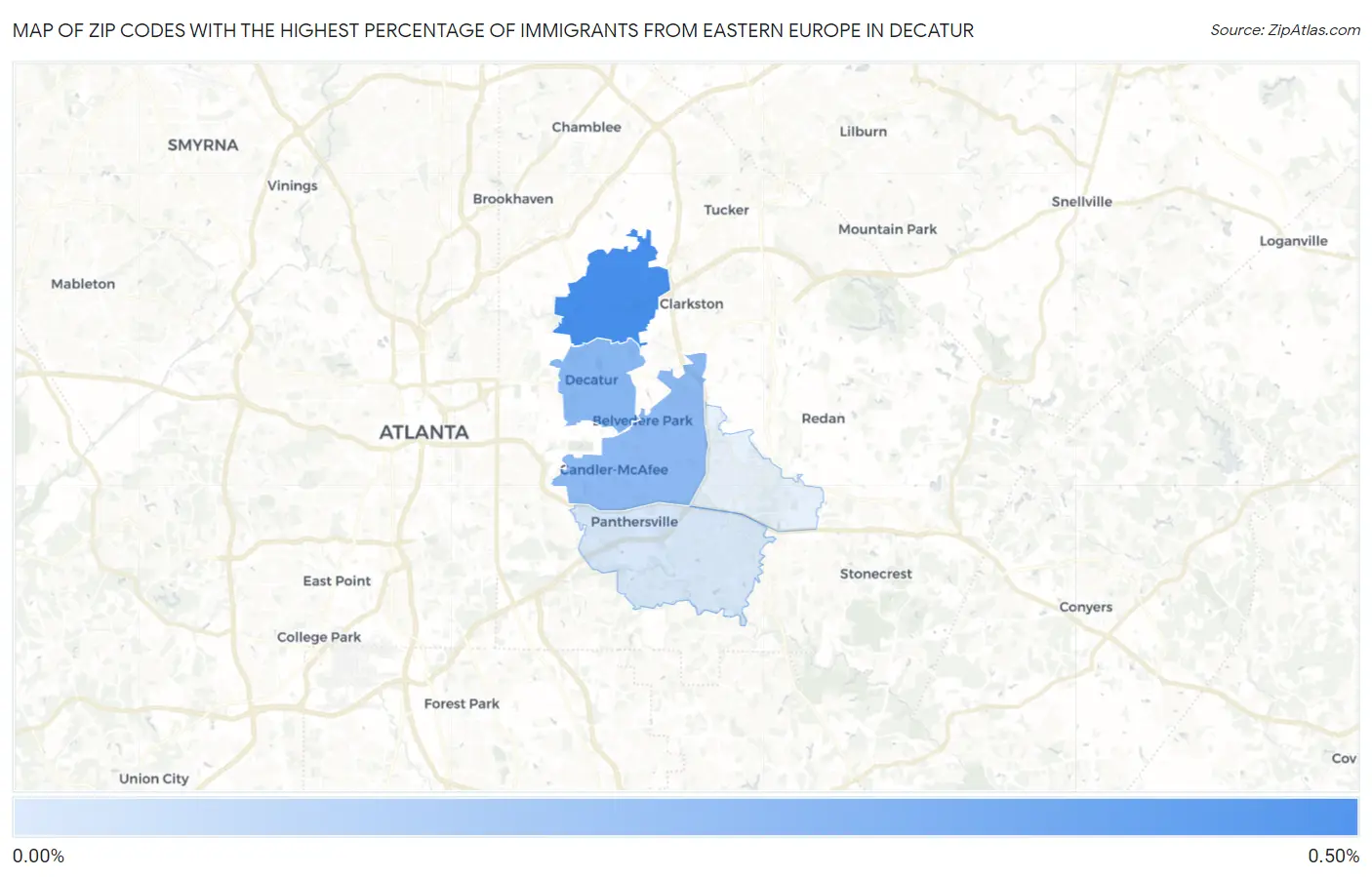 Zip Codes with the Highest Percentage of Immigrants from Eastern Europe in Decatur Map