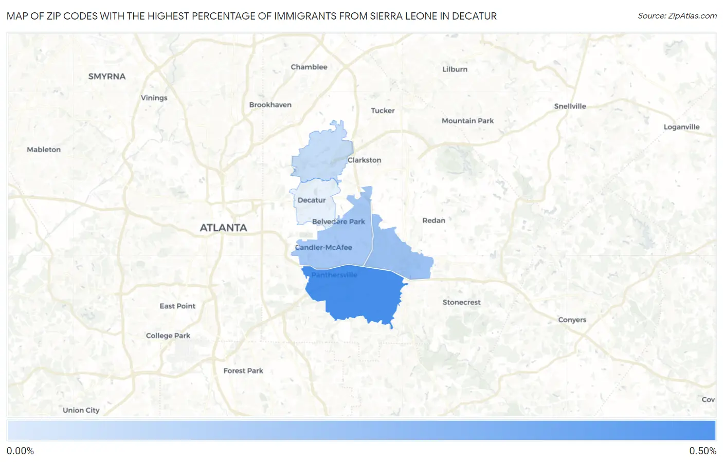 Zip Codes with the Highest Percentage of Immigrants from Sierra Leone in Decatur Map