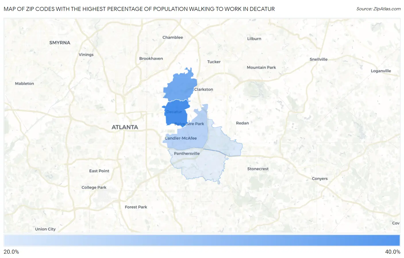 Zip Codes with the Highest Percentage of Population Walking to Work in Decatur Map