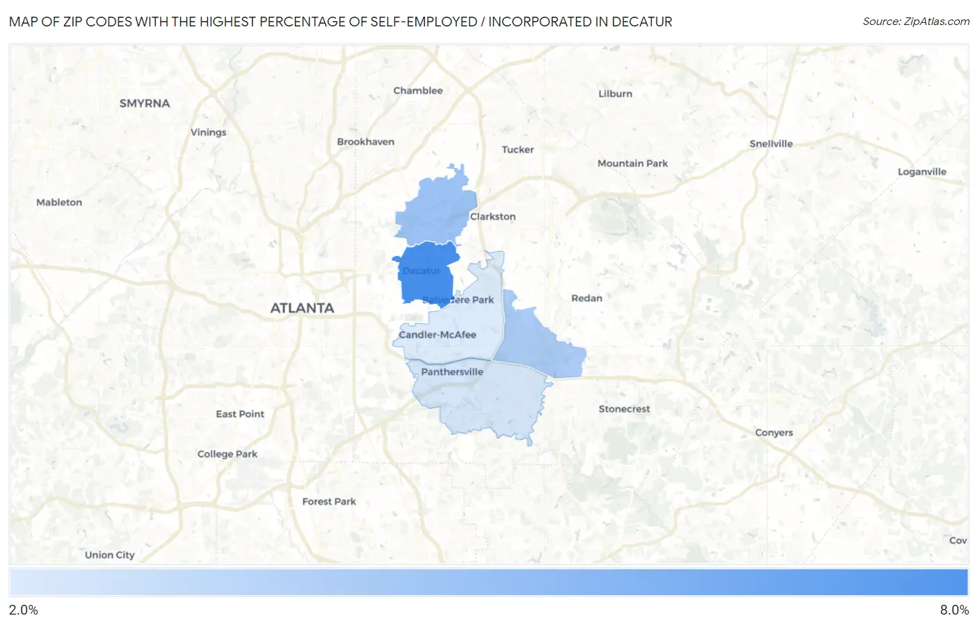 Zip Codes with the Highest Percentage of Self-Employed / Incorporated in Decatur Map