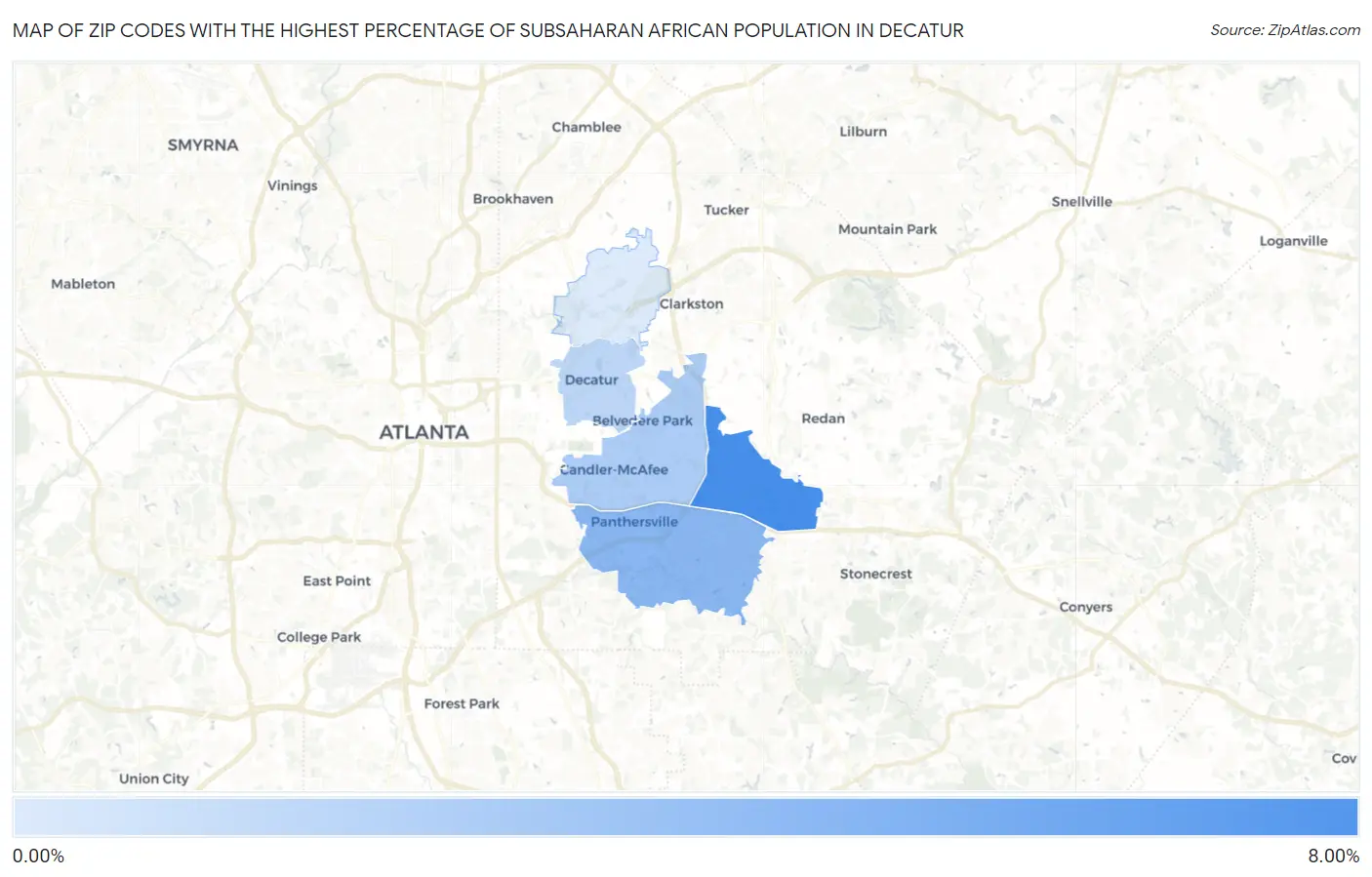Zip Codes with the Highest Percentage of Subsaharan African Population in Decatur Map