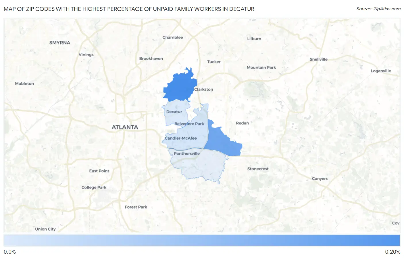 Zip Codes with the Highest Percentage of Unpaid Family Workers in Decatur Map
