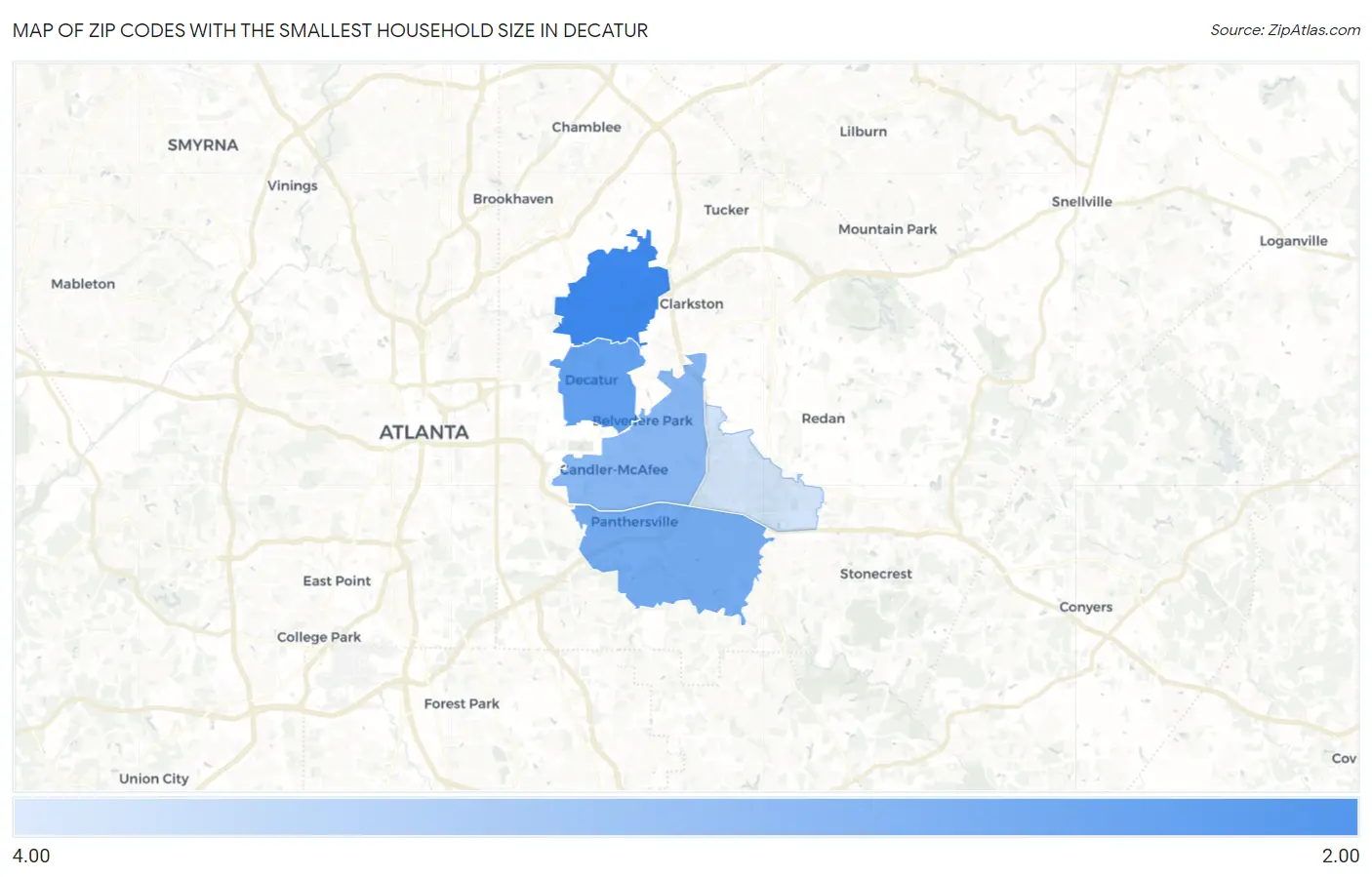 Zip Codes with the Smallest Household Size in Decatur Map