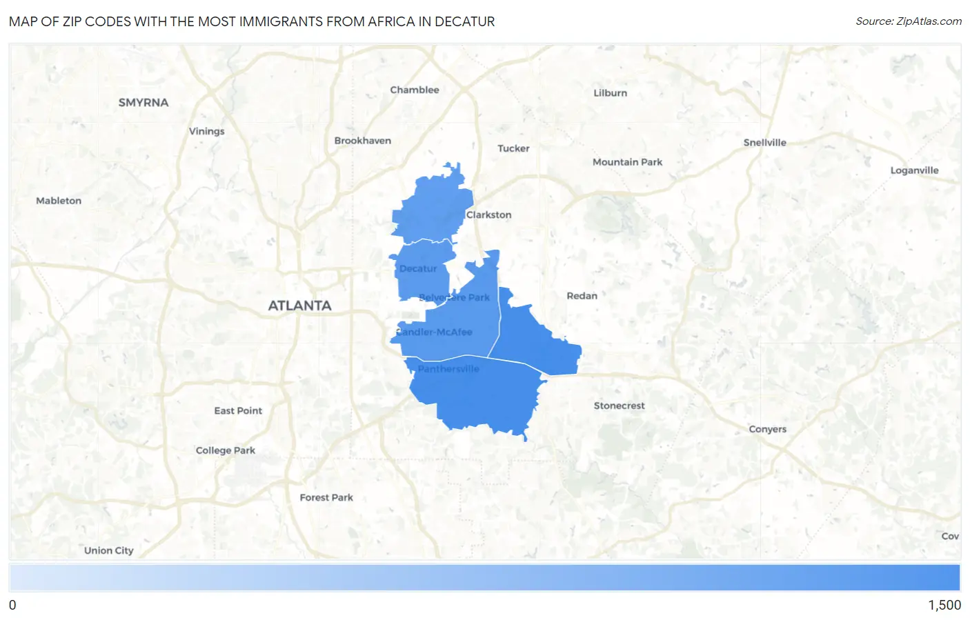 Zip Codes with the Most Immigrants from Africa in Decatur Map