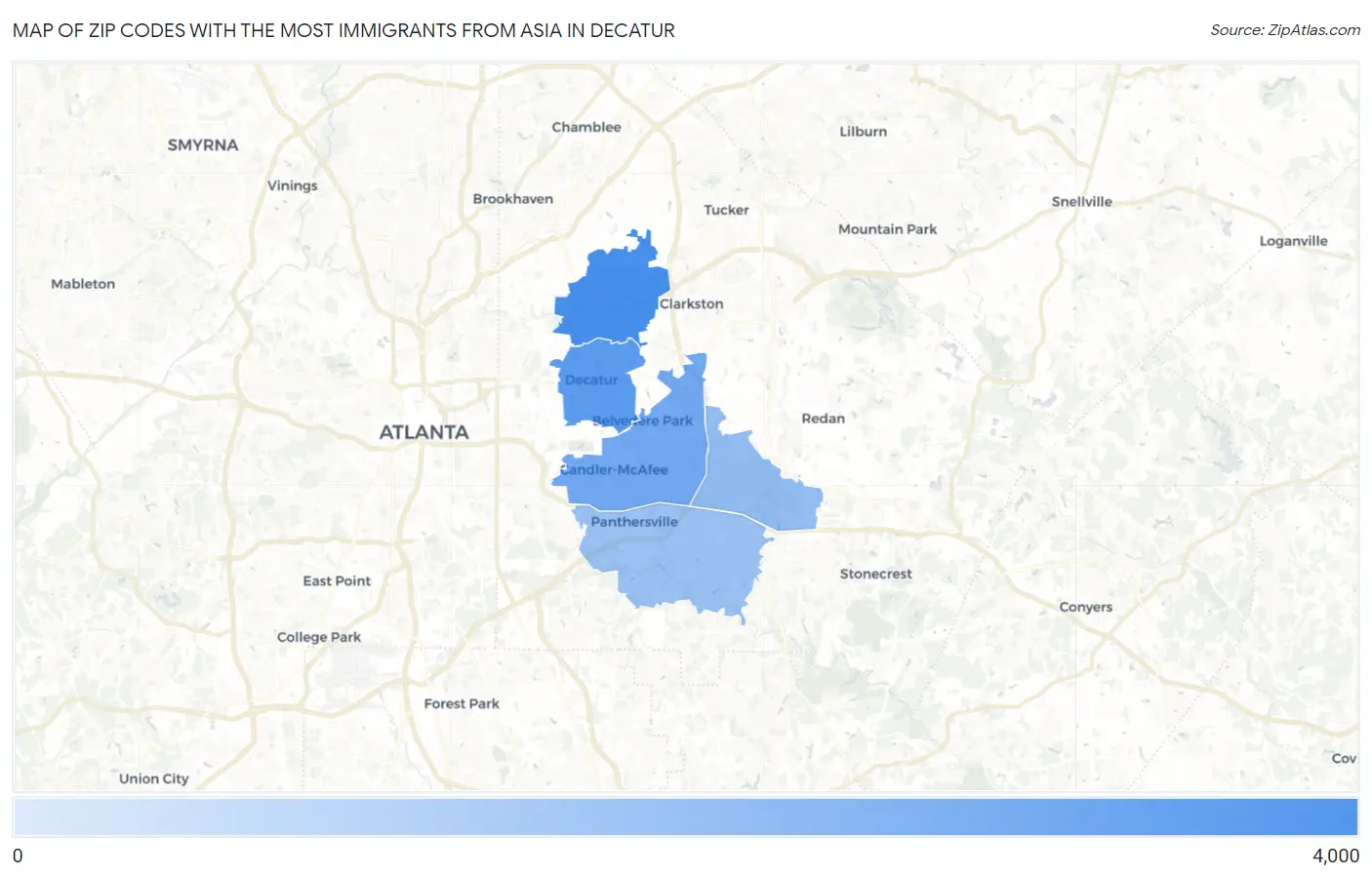 Zip Codes with the Most Immigrants from Asia in Decatur Map