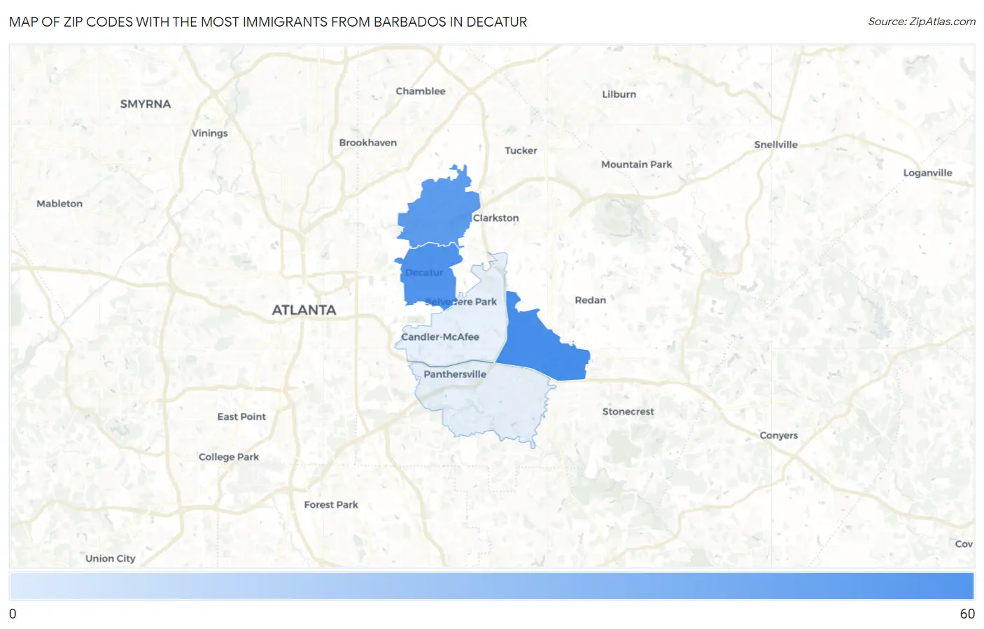 Zip Codes with the Most Immigrants from Barbados in Decatur Map